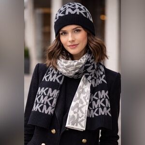 Michael Kors MK Logo Knit Scarf & Beanie Hat Set Black White | NWOT